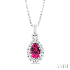 5x3 MM Pear Shape Pink Tourmaline and 1/20 Ctw Single Cut Diamond Halo Semi-Precious Pendant with Chain in 14K White Gold