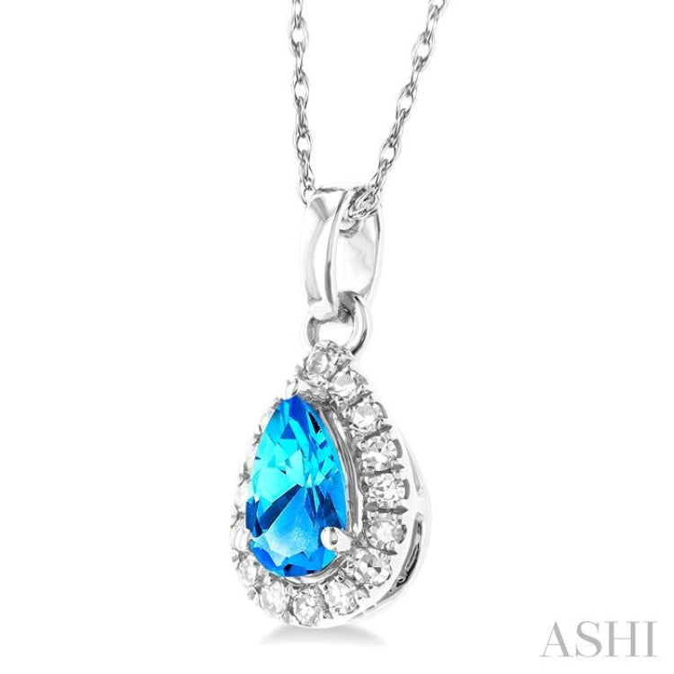 5x3 MM Pear Shape Blue Topaz and 1/20 Ctw Single Cut Diamond Halo Semi-Precious Pendant with Chain in 14K White Gold