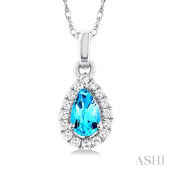 5x3 MM Pear Shape Blue Topaz and 1/20 Ctw Single Cut Diamond Halo Semi-Precious Pendant with Chain in 14K White Gold