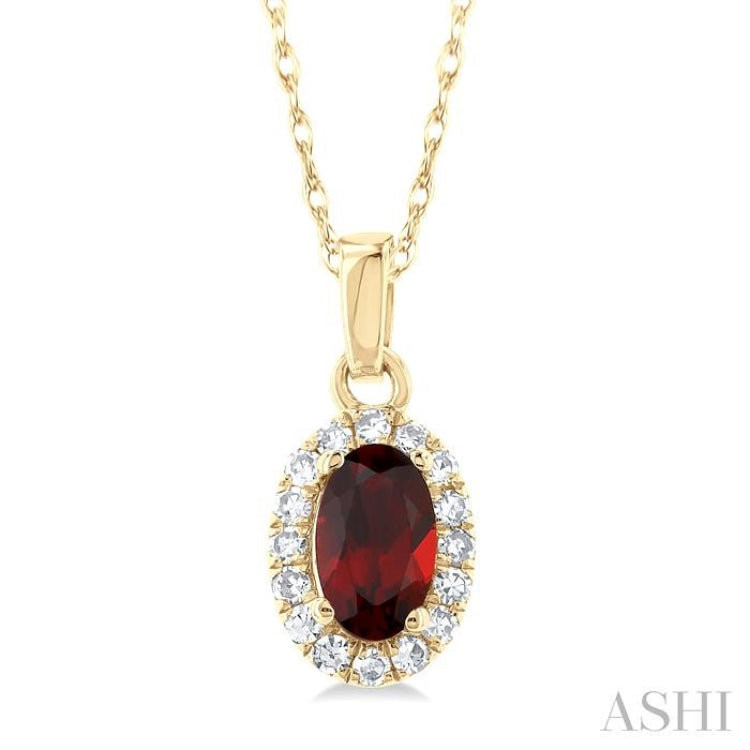 5x3 MM Oval Shape Garnet and 1/20 Ctw Single Cut Diamond Halo Semi-Precious Pendant with Chain in 10K Yellow Gold