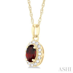 5x3 MM Oval Shape Garnet and 1/20 Ctw Single Cut Diamond Halo Semi-Precious Pendant with Chain in 10K Yellow Gold