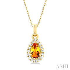 5x3 MM Pear Shape Citrine and 1/20 Ctw Single Cut Diamond Halo Semi-Precious Pendant with Chain in 14K Yellow Gold
