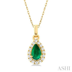 5x3 MM Pear Shape Emerald and 1/20 Ctw Single Cut Diamond Halo Precious Pendant with Chain in 14K Yellow Gold