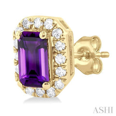 5x3 MM Octagonal Shape Amethyst and 1/8 Ctw Single Cut Diamond Halo Semi-Precious Stud Earrings in 10K Yellow Gold