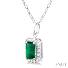 6x4 MM Octagonal Shape Emerald and 1/6 Ctw Round Cut Diamond Halo Precious Pendant with Chain in 14K White Gold