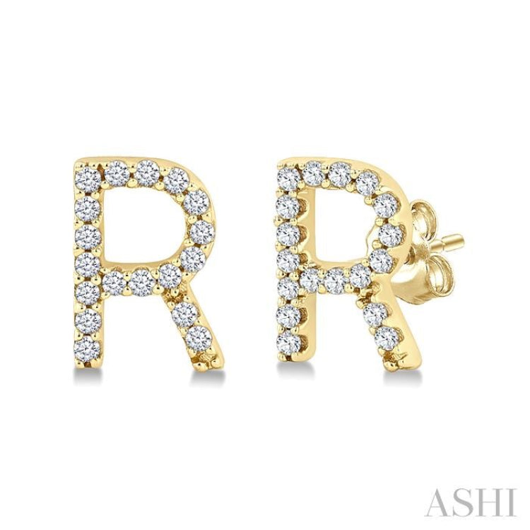 1/10 Ctw Initial 'R' Single Cut Diamond Earrings in 10K Yellow Gold