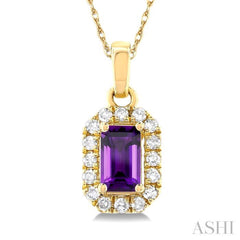 5x3 MM Octagonal Shape Amethyst and 1/20 Ctw Single Cut Diamond Halo Semi-Precious Pendant with Chain in 14K Yellow Gold