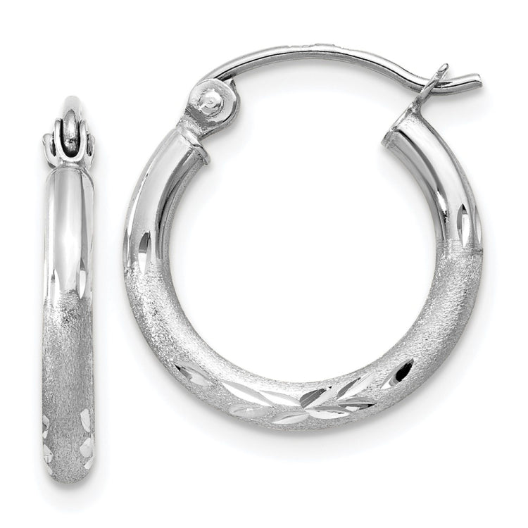 14k White Gold 2x15mm Satin Diamond-cut Round Tube Hoop Earrings