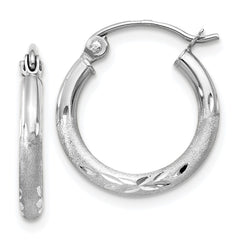 14k White Gold 2x15mm Satin Diamond-cut Round Tube Hoop Earrings