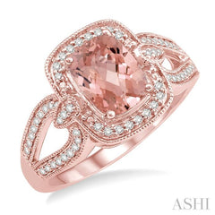 8x6 MM Cushion Shape Morganite Center and 1/5 Ctw Round Diamond Semi-Precious Ring in 14K Rose Gold