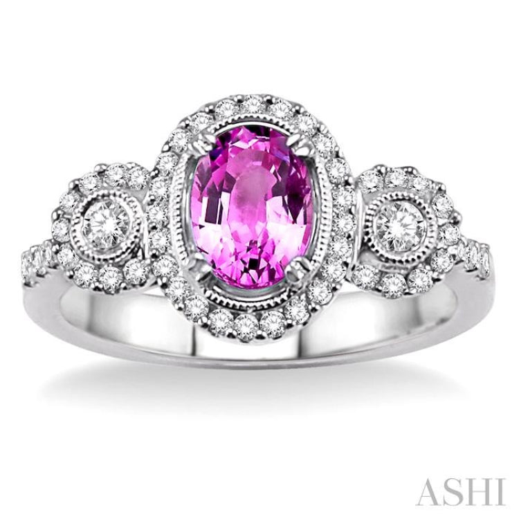 7x5 MM Oval Cut Pink Sapphire and 1/2 Ctw Round Cut Diamond Precious Ring in 14K White Gold