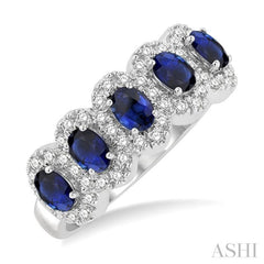 4x3 MM Oval Cut Sapphire and 1/3 Ctw Round Cut Diamond Precious Wedding Band in 14K White Gold