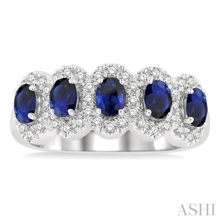 4x3 MM Oval Cut Sapphire and 1/3 Ctw Round Cut Diamond Precious Wedding Band in 14K White Gold