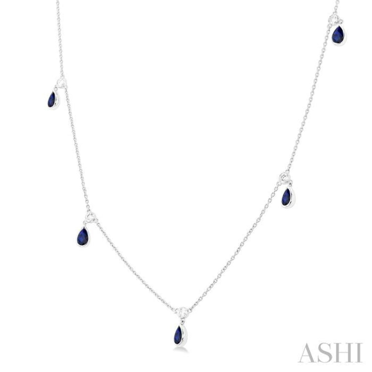 5x3 MM Pear Shape Sapphire and 1/8 Ctw Round Cut Diamonds Precious Station Necklace in 10K White Gold