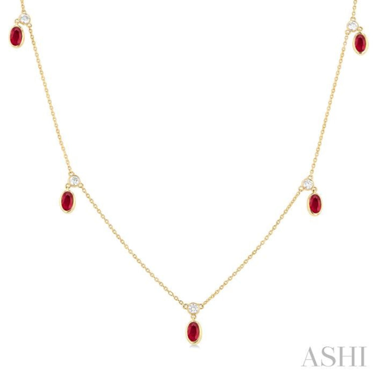 5x3 MM Oval Shape Ruby and 1/4 Ctw Round Cut Diamonds Precious Station Necklace in 14K Yellow Gold