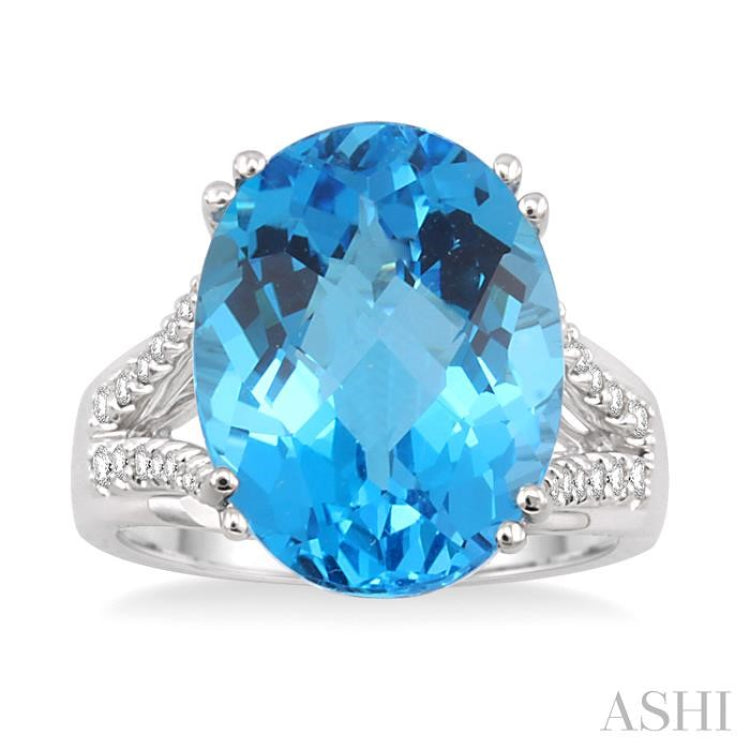 16x12 MM Oval Cut Blue Topaz and 1/4 Ctw Round Cut Diamond Semi-Precious Ring in 14K White Gold