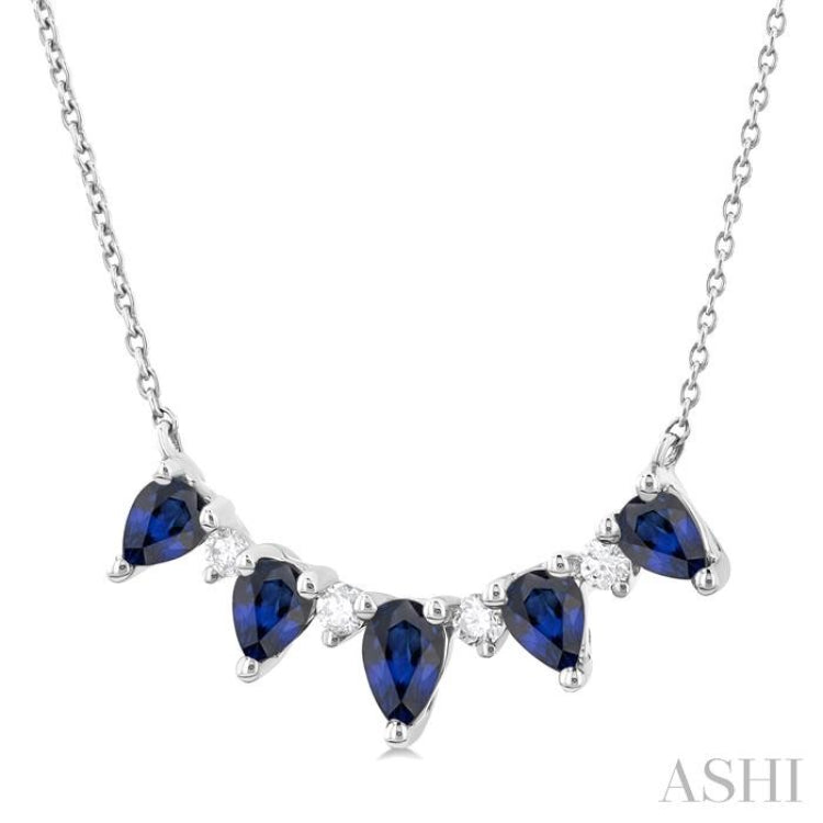 5x3 MM & 4x3 MM Pear Cut Sapphire and 1/8 Ctw Round Cut Diamond Precious Necklace in 14K White Gold