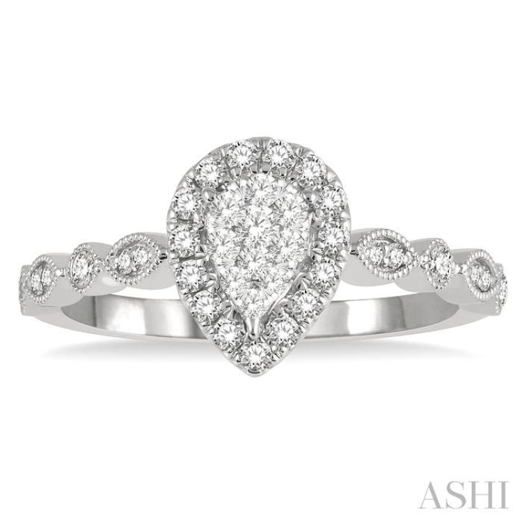 1/3 Ctw Lattice Pear Shape Lovebright Round Cut Diamond Engagement Ring in 14K White Gold