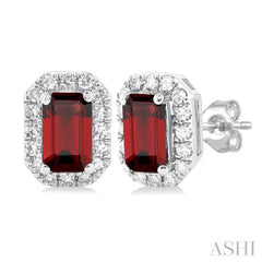 5x3 MM Octagonal Shape Garnet and 1/8 Ctw Round Cut Diamond Halo Semi-Precious Stud Earrings in 10K White Gold