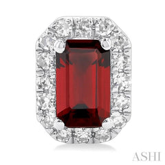 5x3 MM Octagonal Shape Garnet and 1/8 Ctw Round Cut Diamond Halo Semi-Precious Stud Earrings in 10K White Gold