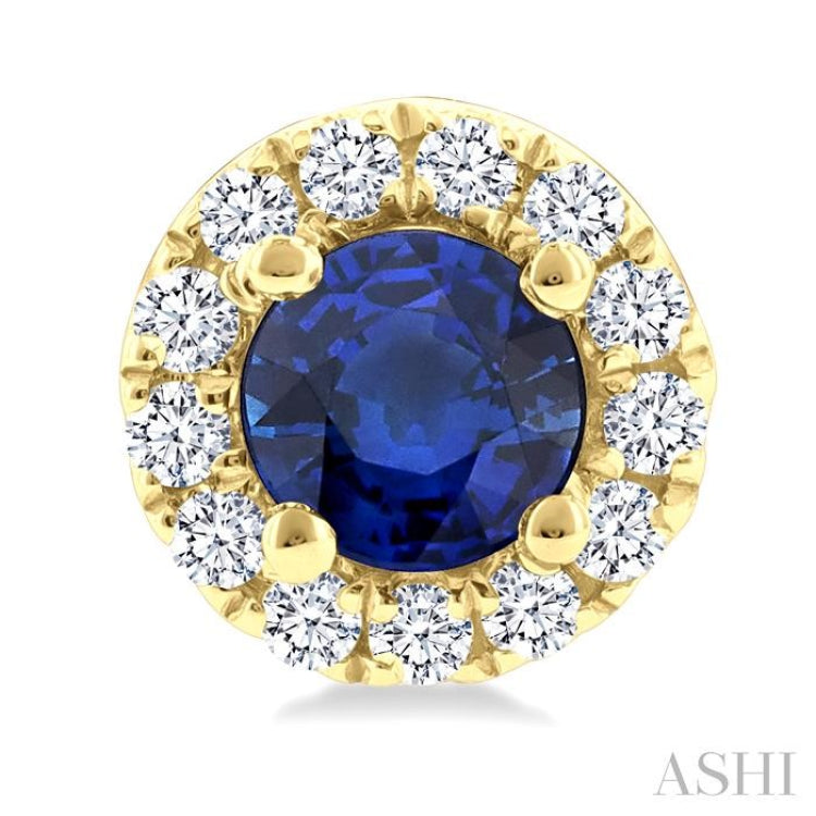 3.25 MM Round Sapphire and 1/10 Ctw Round Cut Diamond Halo Precious Stud Earrings in 14K Yellow Gold