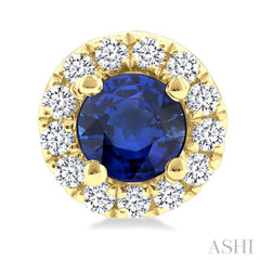 3.25 MM Round Sapphire and 1/10 Ctw Round Cut Diamond Halo Precious Stud Earrings in 14K Yellow Gold