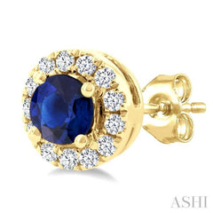 3.25 MM Round Sapphire and 1/10 Ctw Round Cut Diamond Halo Precious Stud Earrings in 14K Yellow Gold