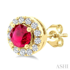 3.25 MM Round Ruby and 1/10 Ctw Round Cut Diamond Halo Precious Stud Earrings in 14K Yellow Gold
