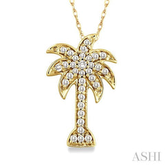 1/10 Ctw Palm Tree Round Cut Diamond Pendant in 10K Yellow Gold with Chain