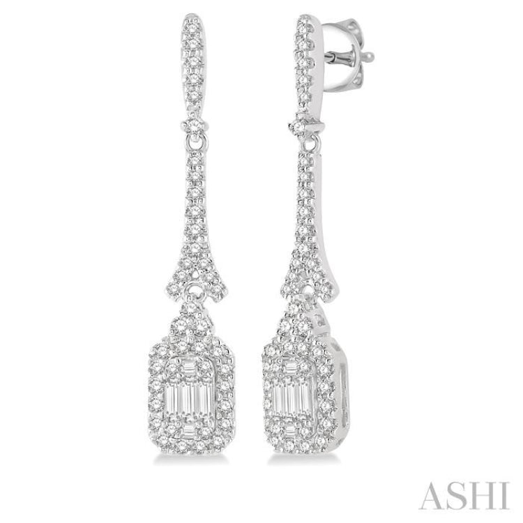 5/8 Ctw Long Baguette & Round Cut Diamond Earrings in 14K White Gold