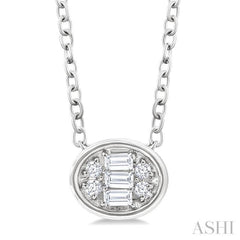1/6 Ctw Petite Bezel Set East-West Oval Shape Fusion Baguette and Round Cut Diamond Fashion Pendant With Chain in 10K White Gold