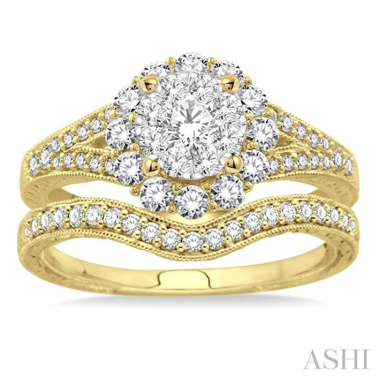 3/4 Ctw Diamond Lovebright Wedding Set with 5/8 Ctw Engagement Ring in Yellow and White Gold and 1/6 Ctw Wedding Band in 14K Yellow Gold
