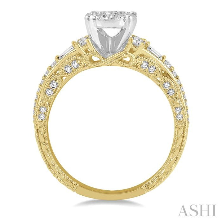 7/8 Ctw Circular Mount Lovebright Round Cut and Baguette Diamond Engagement Ring in 14K Yellow and White Gold