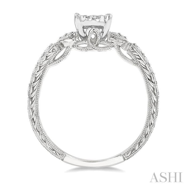 1/2 Ctw Oval Shape Leaf Carved Shank Lovebright Round Cut Diamond Engagement Ring in 14K White Gold