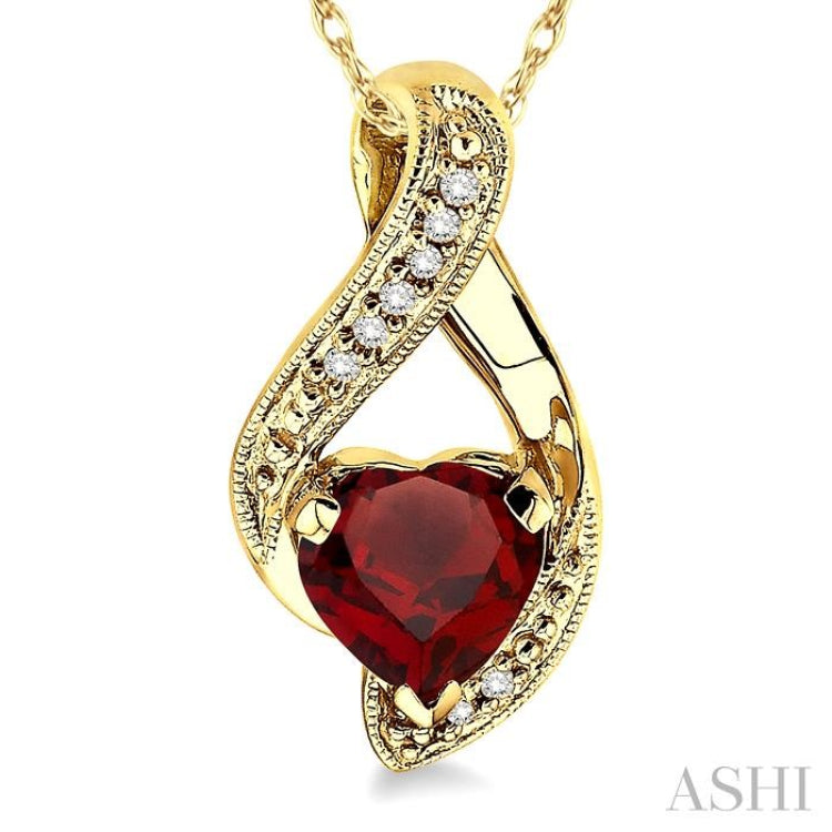 7x7 MM Heart Shape Garnet and 1/20 Ctw Round Cut Diamond Semi-Precious Pendant in 10K Yellow Gold with Chain