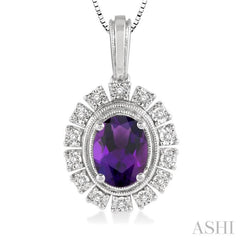 8x6 MM Oval Shape Amethyst and 1/10 Ctw Round Cut Diamond Semi-Precious Pendant With Chain in 10K White Gold