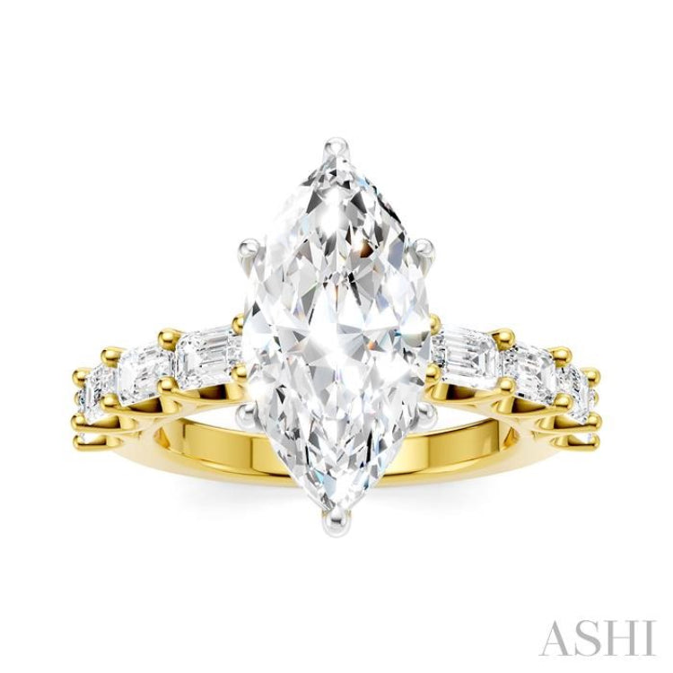 1 1/3 Ctw Marquise Shape Emerald and Round Cut Diamond Semi-Mount Engagement Ring in 14K Yellow and White Gold