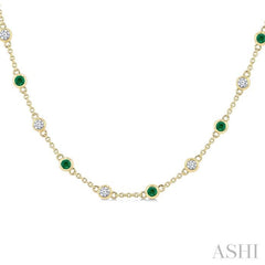 2.40 MM Round Shape Emerald and 7/8 Ctw Round Cut Diamond Precious Station Necklace in 14K Yellow Gold