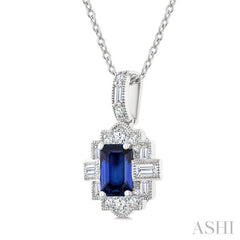 6X4 MM Octagon Shape Sapphire and 1/4 Ctw Round and Baguette Cut Diamond Precious Pendant With Chain in 14K White Gold