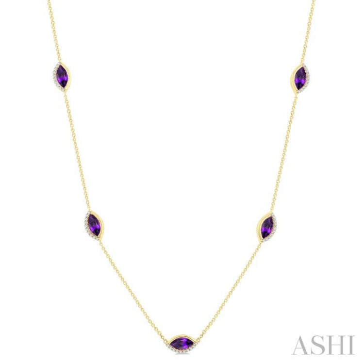 1/4 Ctw Marquise Cut 8X4MM Amethyst and Round Cut Diamond Station Necklace in 10K Yellow Gold
