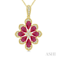 1/6 Ctw Floral Motif 5X3MM & 4X3MM Pear Cut Ruby and Round Cut Diamond Precious Pendant With Chain in 10K Yellow Gold