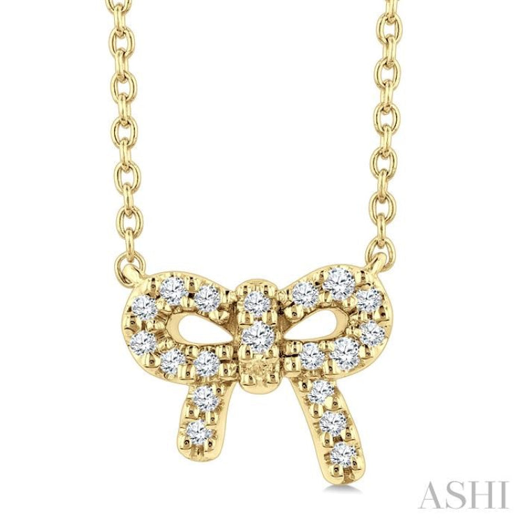 1/8 Ctw Bow Round Cut Diamond Ribbon Petite Fashion Pendant With Chain in 10K Yellow Gold