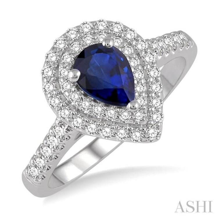 7x5 MM Pear Shape Sapphire and 1/2 Ctw Round Cut Diamond Precious Ring in 14K White Gold
