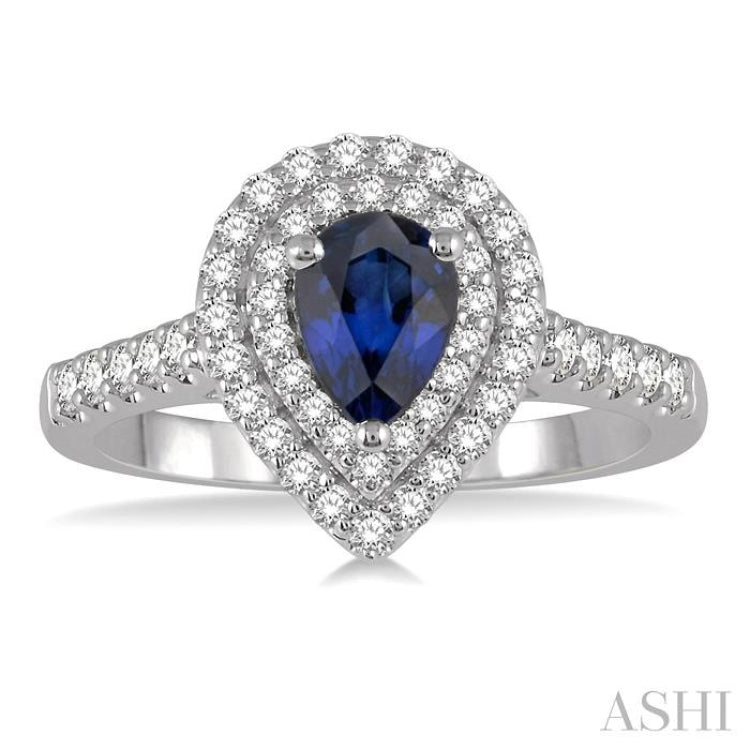 7x5 MM Pear Shape Sapphire and 1/2 Ctw Round Cut Diamond Precious Ring in 14K White Gold