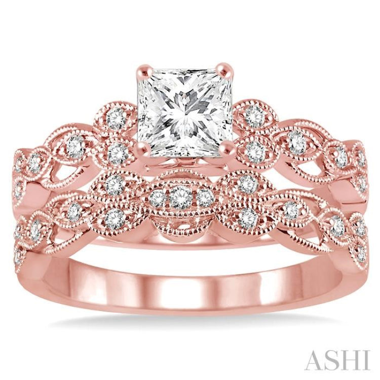 1/2 Ctw Diamond Wedding Set with 1/2 Ctw Princess Cut Engagement Ring and 1/10 Ctw Wedding Band in 14K Rose Gold