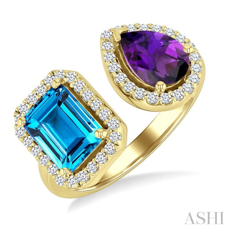 8X6 MM Emerald Cut Blue Topaz and Pear Cut Amethyst and 1/3 Ctw Open Toi Et Moi Round Cut Diamond Halo Fashion Ring in 14K Yellow Gold