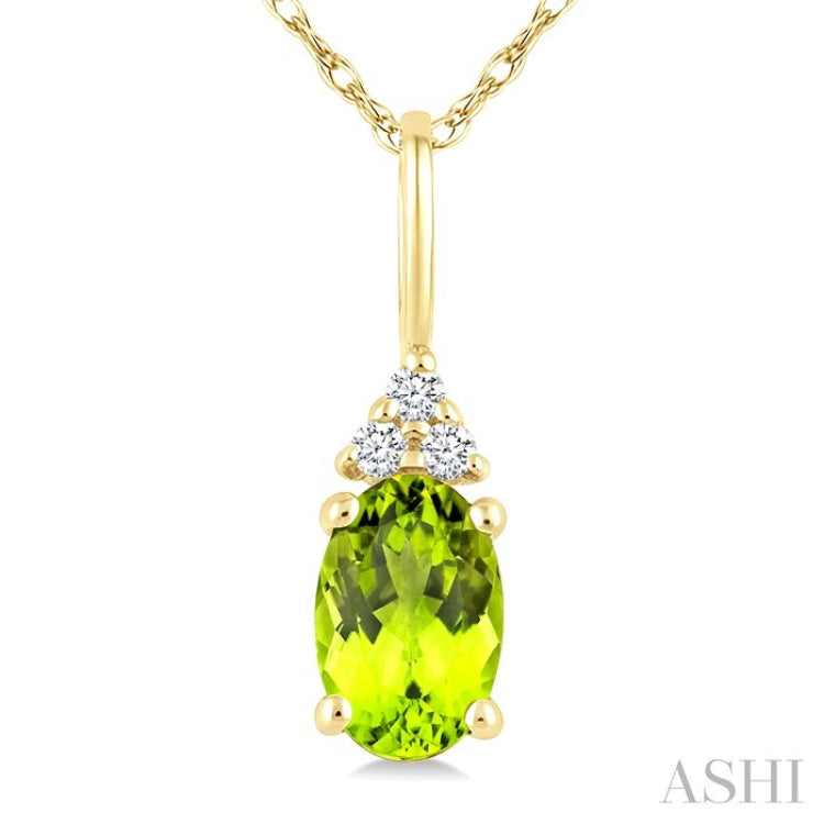 1/50 Ctw Oval Cut 6X4 MM Peridot and Round Cut Diamond Semi-Precious Pendant With Chain in 10K Yellow Gold