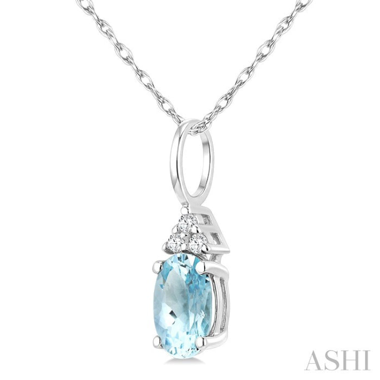 1/50 Ctw Oval Cut 6X4 MM Aquamarine and Round Cut Diamond semi-precious Pendant With Chain in 10K white Gold