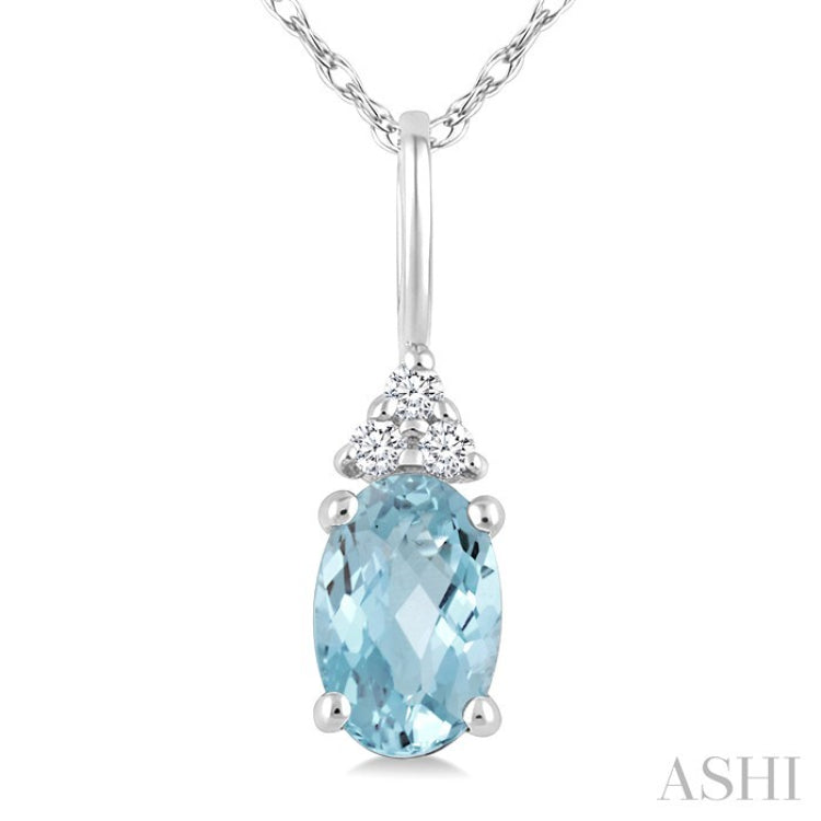 1/50 Ctw Oval Cut 6X4 MM Aquamarine and Round Cut Diamond semi-precious Pendant With Chain in 10K white Gold