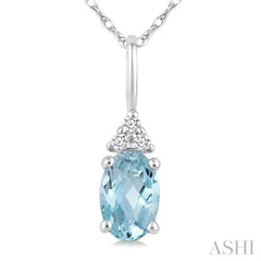 1/50 Ctw Oval Cut 6X4 MM Aquamarine and Round Cut Diamond semi-precious Pendant With Chain in 10K white Gold
